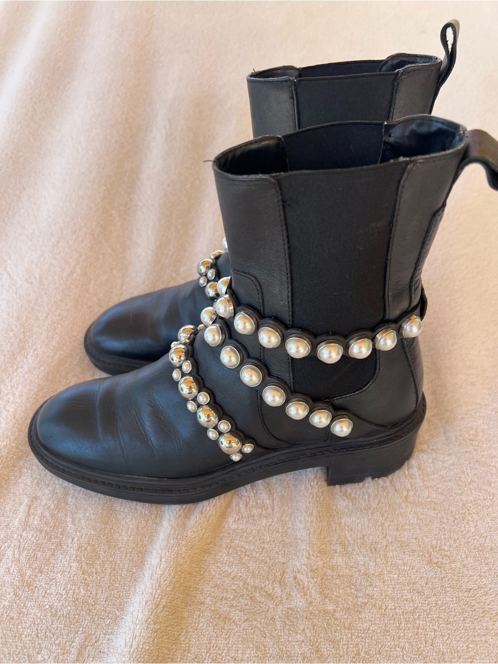 Zara Leather Pearl Strap Ankle Boots Block Heel Size 8 Black - Picture 5 of 12